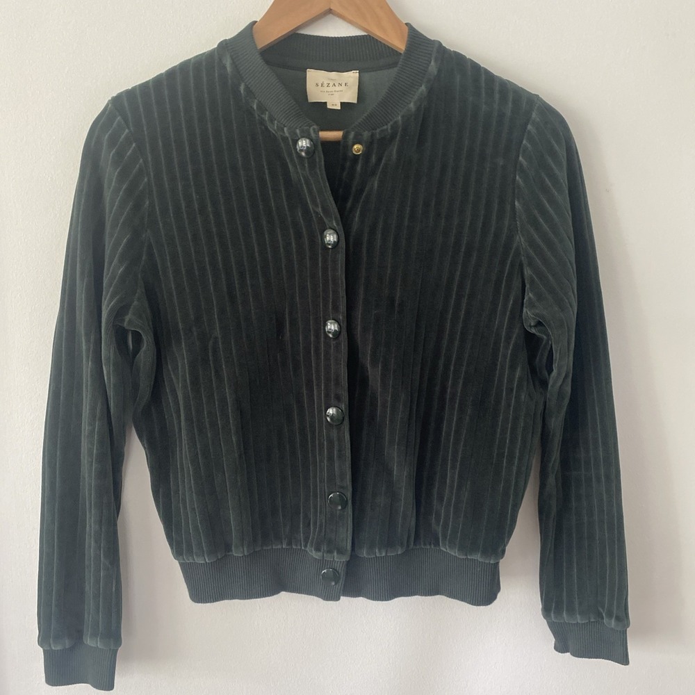 Sezane Iris Bomber Jacket Velvet Corduroy XS Dark Green Cotton Velour